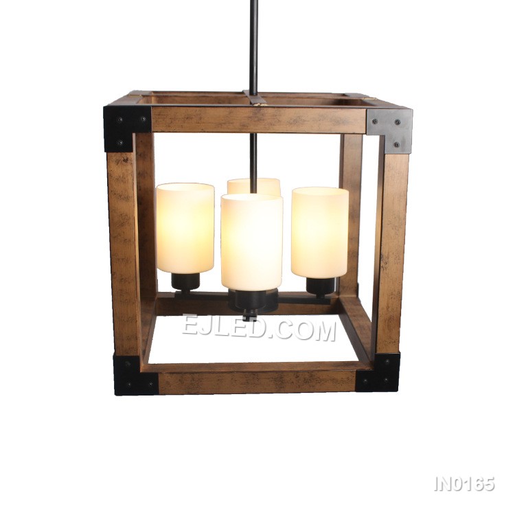 Metal Wood finish Cage Pendant Lights with 3 Light Candle Shape Frosted Glass shade E27 Socket for Kitchen Island IN0165