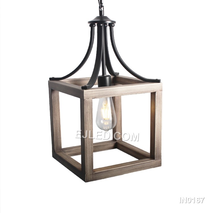 Black Pendant Light Chandelier Metal Hanging Light Fixture with Wooden Grain Finish Vintage Retro for Home Decor IN0167