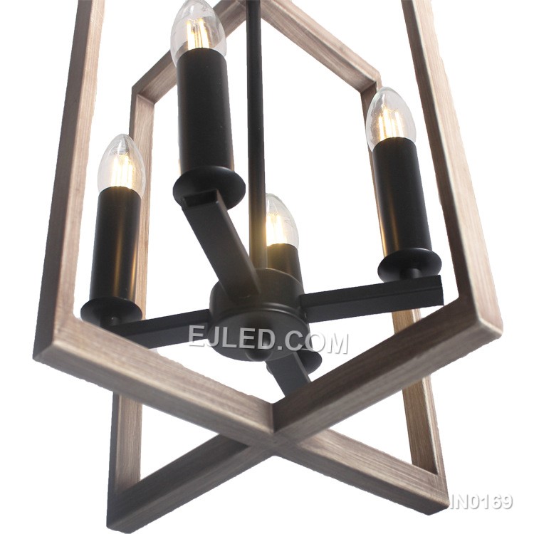 Metal Hanging Light Fixture with Wooden Grain Finish Two Rectangle shade 4 Lights Black Lighting for Living Room IN0169