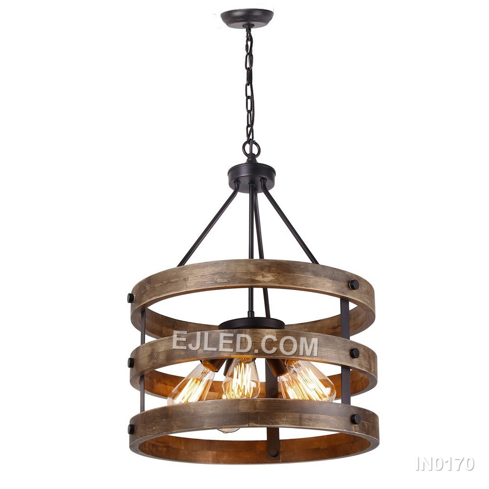 Wood Finish Circle Pendant Light Chandelier Vintage Retro Style with 3 Lights Modern House Light for Hallway IN0170