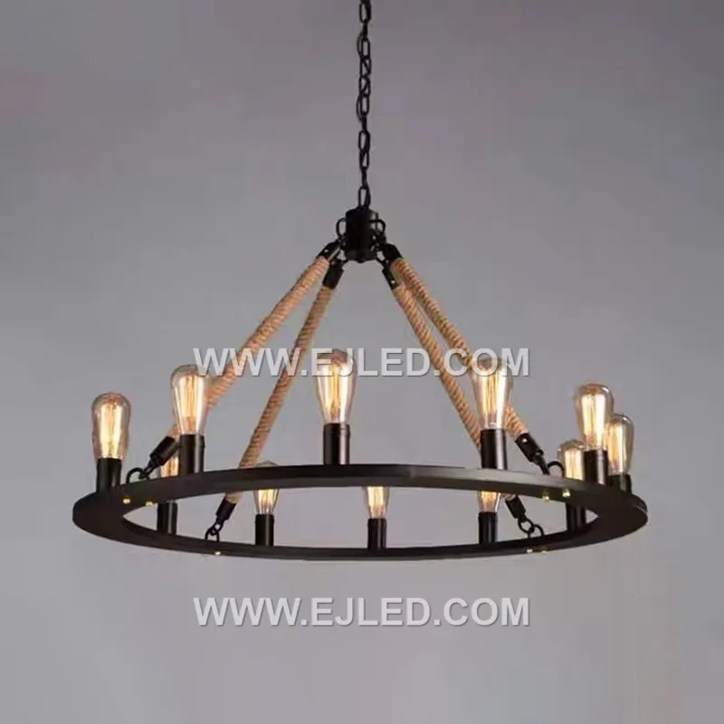 Zhongshan Factory Vintage Industrial Hemp Rope Ceiling Lamp Home Bar Restaurant Round Chandelier Decorative Night Light RP0013