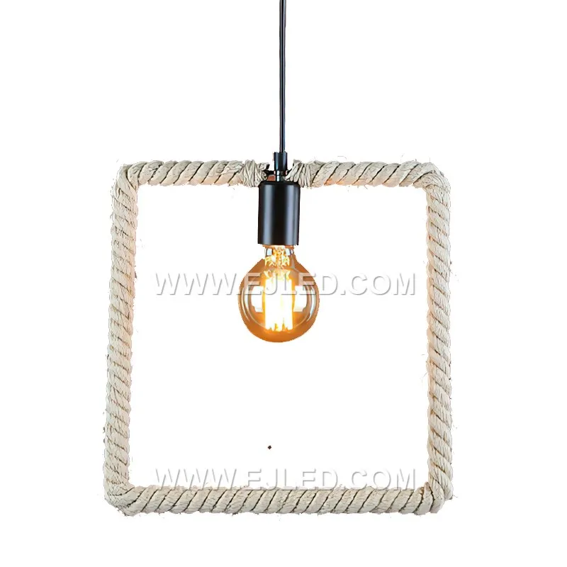 China Factory Square Hemp Rope Chandelier Iron Wrie Metal Vintage Rope Pendant Lights DIY Loft Lamp for Village RP0057