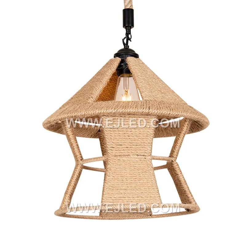 China Manufacturer Hut Shape Hemp Rope Pendant Light Modern Chandelier Pend Chrome Led Lighting Fixtures for Village RP0082