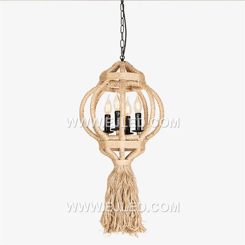 Large Modern Farmhouse Chandelier Hemp Rope Pendant Light with 4 Candles Chain Hanging Light Vintage Light Fixture RP0084