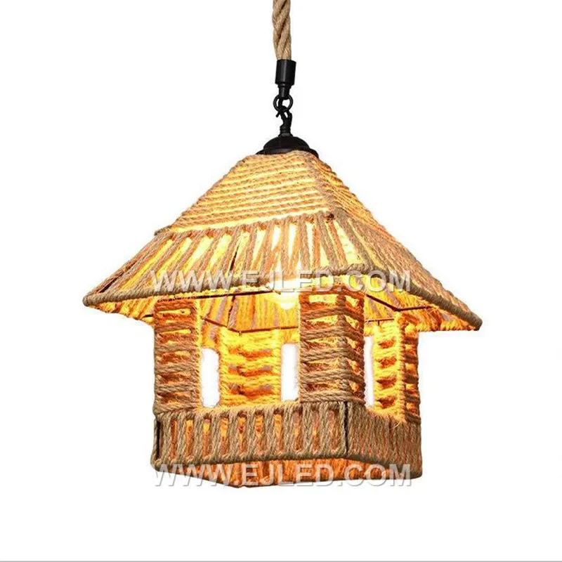 Hot Selling Rustic Hemp Rope Woven Pendant Lighting with Hut Shape Mini Pendant Light for Barn Kitchen Island Cafe RP0091