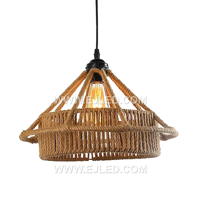 China Factory Round Shade Hemp Rope Pendant Light Fixtures Woven Cage Pendant Lighting for Kitchen Island Chandelier RP0093