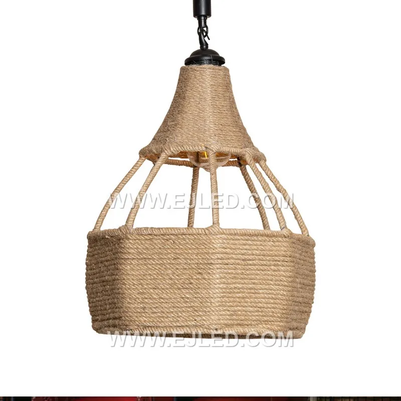 Basket Hemp Rope Pendant Light Industrial Antique Metal Cage Hemp Rope Pendant Chandelier Lighting Fixtures for Village RP0101