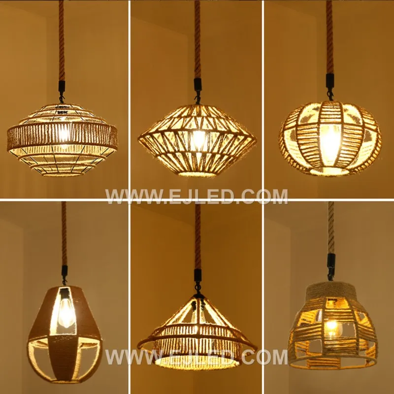 Woven Pendant Light Boho Chandelier Drum Rustic Farmhouse Chandelier Hemp Rope Light Rattan Light Fixture for Dining Room RP0112