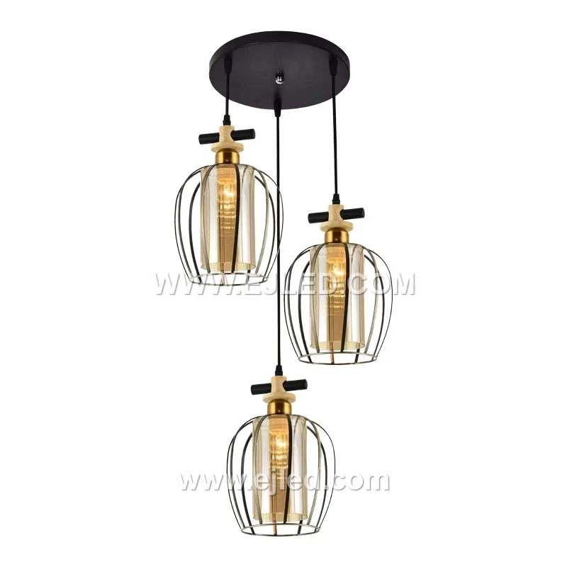 China Manufacturer Black and Gold Pendant Light Metal Wire Cage with Clear Glass Lampshade Chandelier for Home Decor BS0126