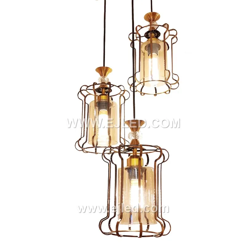 Wholesale Black and Gold Metal Wire Cage with Clear Glass Lampshade Brass Finish Hanging Light Fixture for Kitchen Hotel BS0183