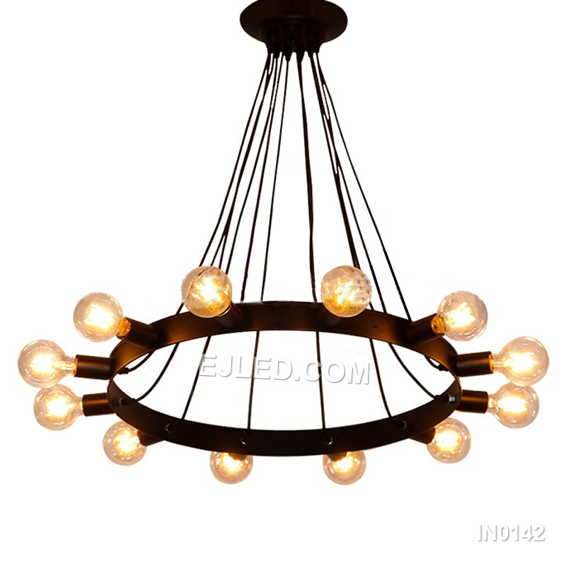 Black Pendant Lights Chandelier Iron Light Fixtures Circular Metal with 12-Lights Industrial Lamp for Kitchen Island IN0142