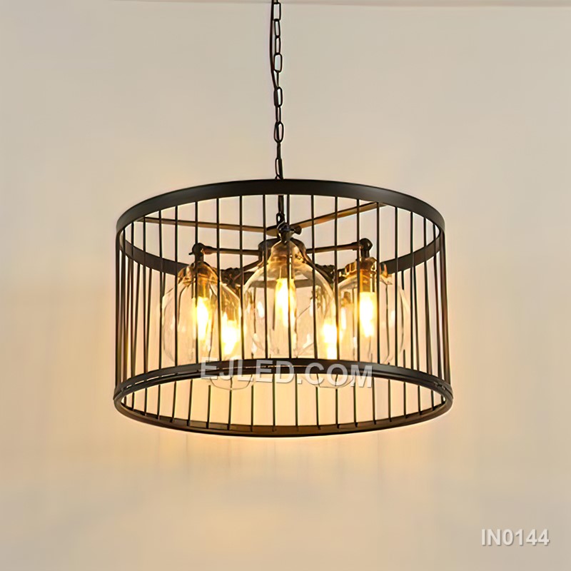 Black Cage Pendant Light with Clear Glass Vintage Retro Iron Industrial Chandelier Lighting Lamp for Home Decor Foyer IN0144