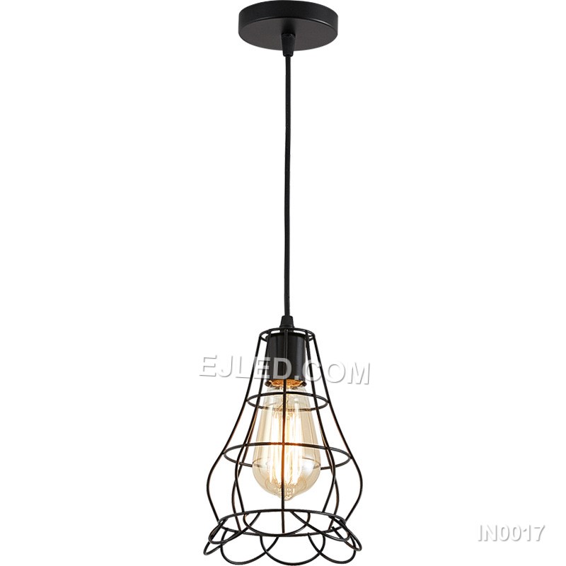 Vintage Retro Black Hanging Cage Pendant Light Fixture with E27 Base Iron Lampshade for Kitchen Island Bar Bedroom IN0017