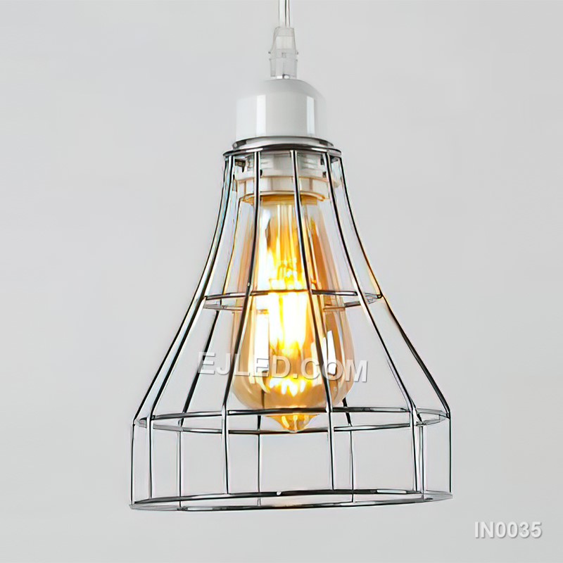 White Iron Pendant Light with Pyramid Retro Vintage Metal Cage Lampshade Lighting Fixture for Kitchen Hotel IN0035