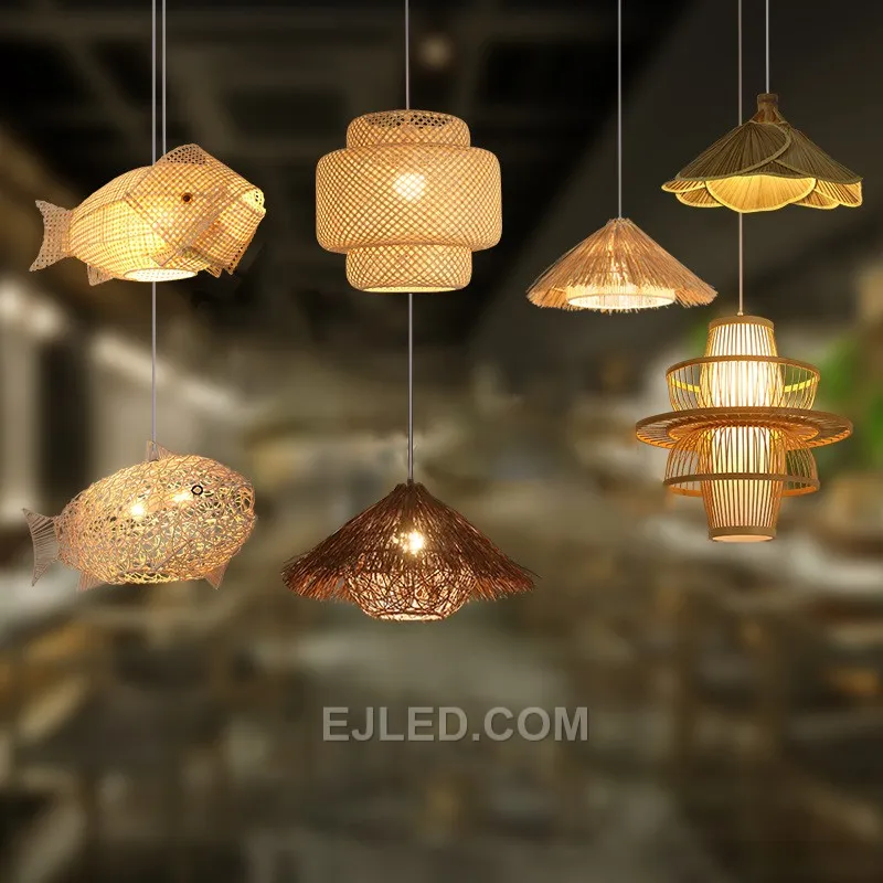 2022 Best Selling Conch Lampshade Natural Bamboo Handmade Vintage Industrial Rattan Chandelier Light for Farmhouse RT0018