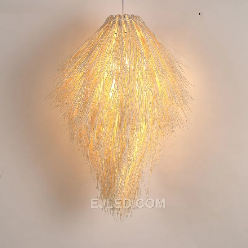 New Style Feather Design Handmade Bamboo Style Chandelier Creative Lamp for Kitchen Farmhouse Rattan Light RT0022
